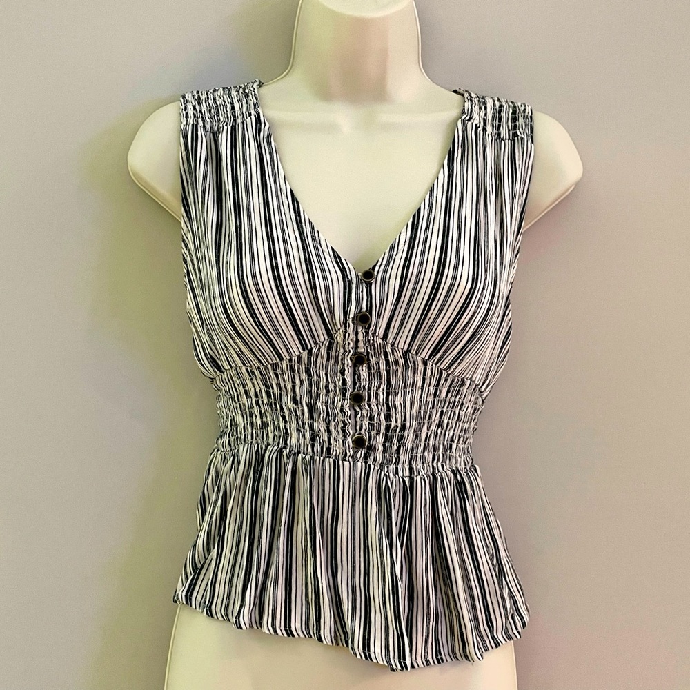 Rewind Black and White Striped Smocked Tank Top - Juniors